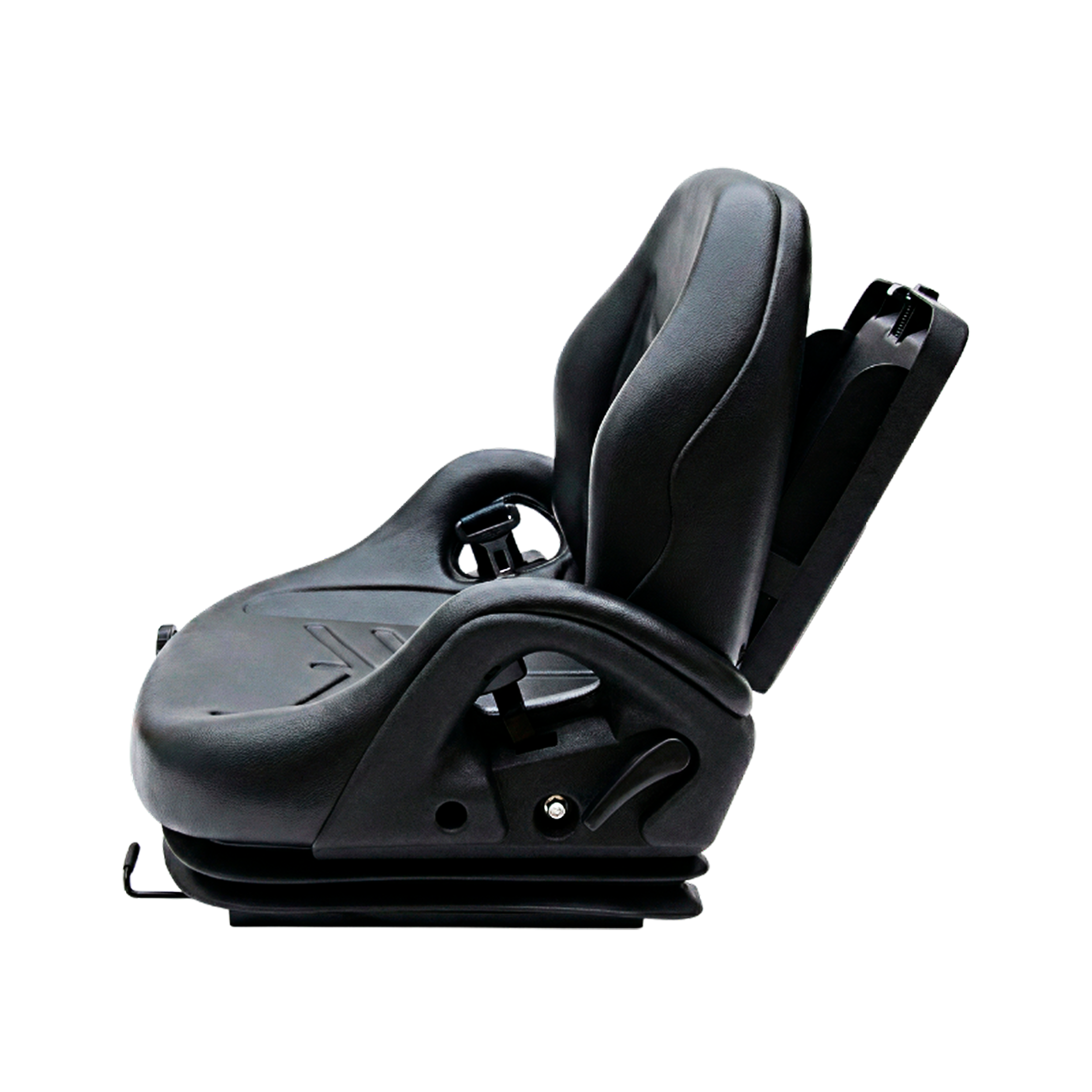 Banco ergonômico para empilhadeira Astra Bancos modelo 2012, vista lateral esquerda, com sistema de amortecimento mecânico