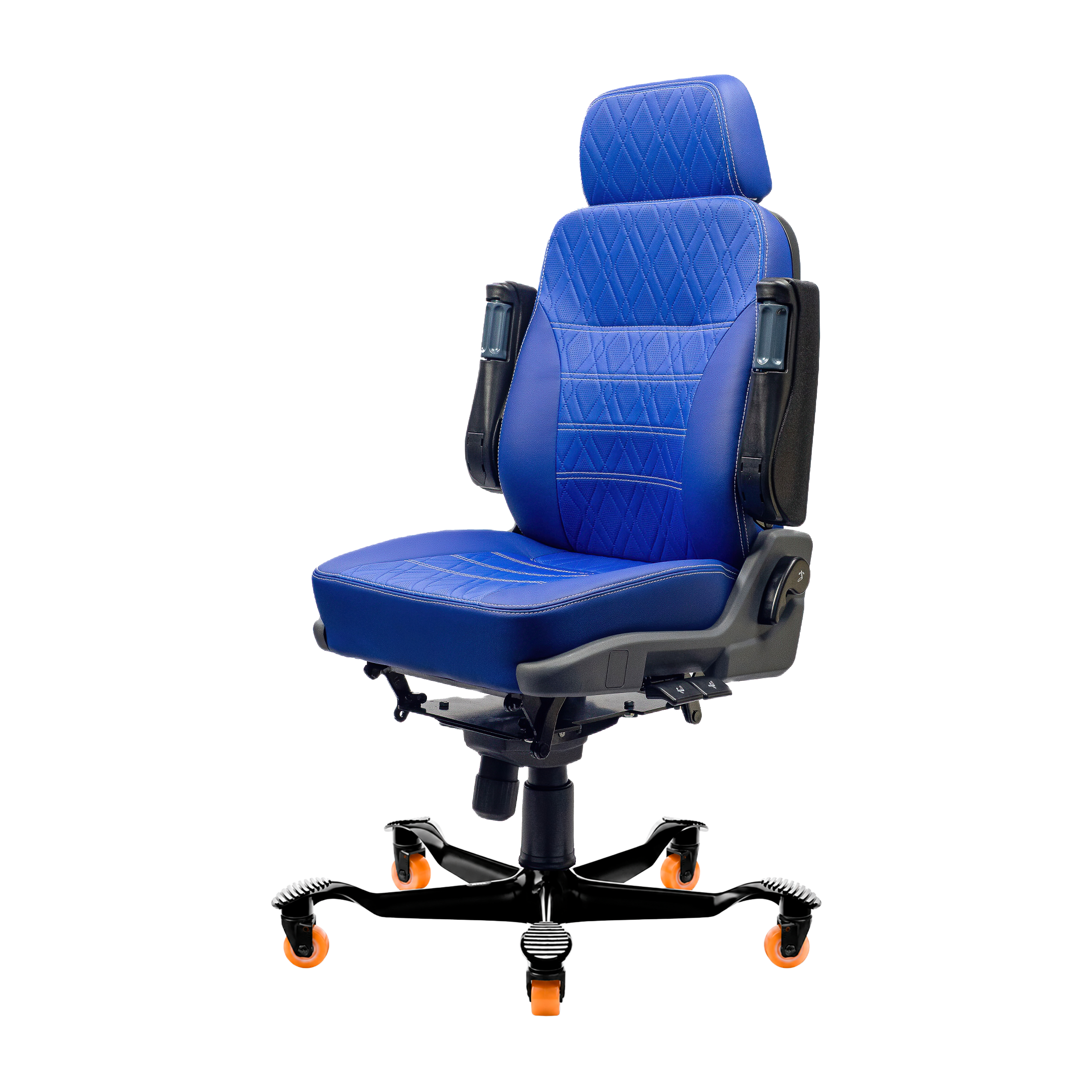 Cadeira 24 horas 4002 azul de frente com apoios de braço rebatidos para cima