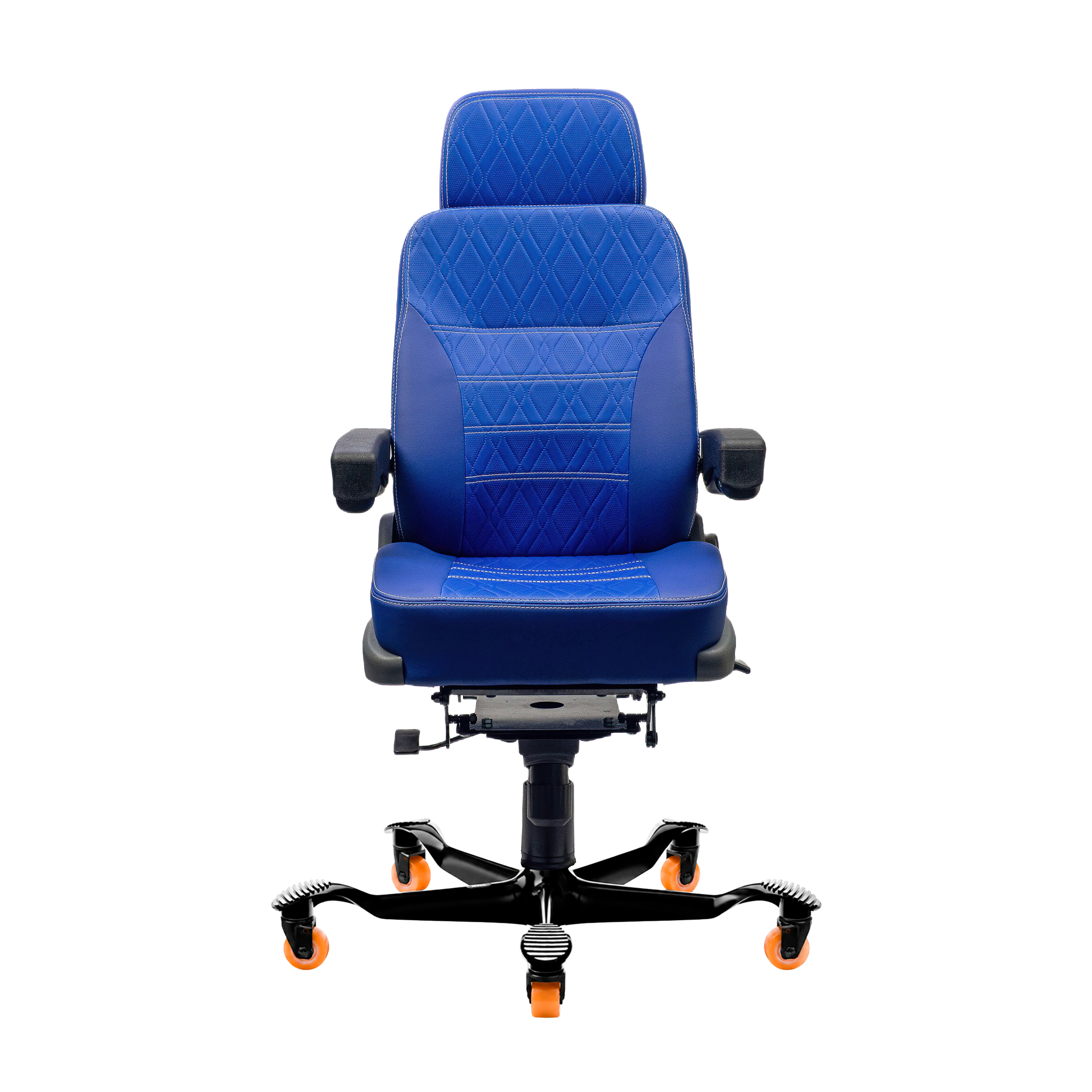 Cadeira 24 horas Confort Navigator 4002 azul, vista frontal com costura branca e rodízios em poliuretano