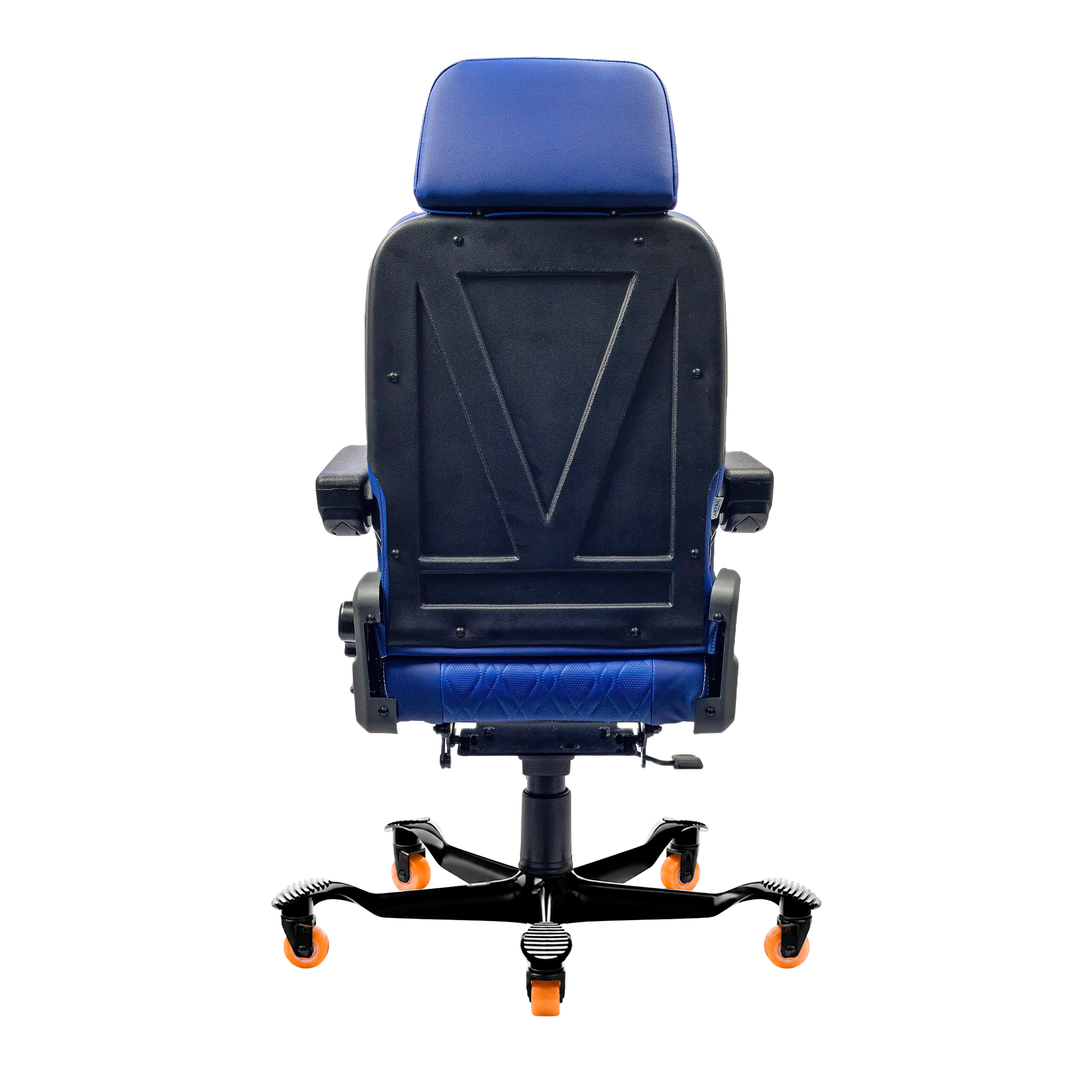 Vista traseira da cadeira 4002 azul com carcaça reforçada do encosto