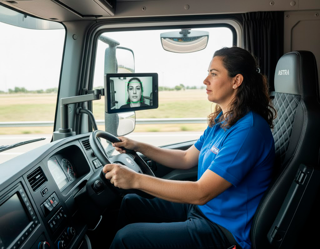 Motorista de caminhão utilizando sistema de monitoramento de fadiga da ASTRATEC com tecnologia ADAS, que garante mais segurança nas estradas.