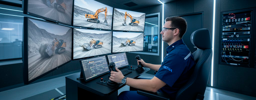 Profissional operando um posto de comando remoto projetado pela Astra Bancos, parte dos projetos especiais desenvolvidos sob medida para aplicações industriais.