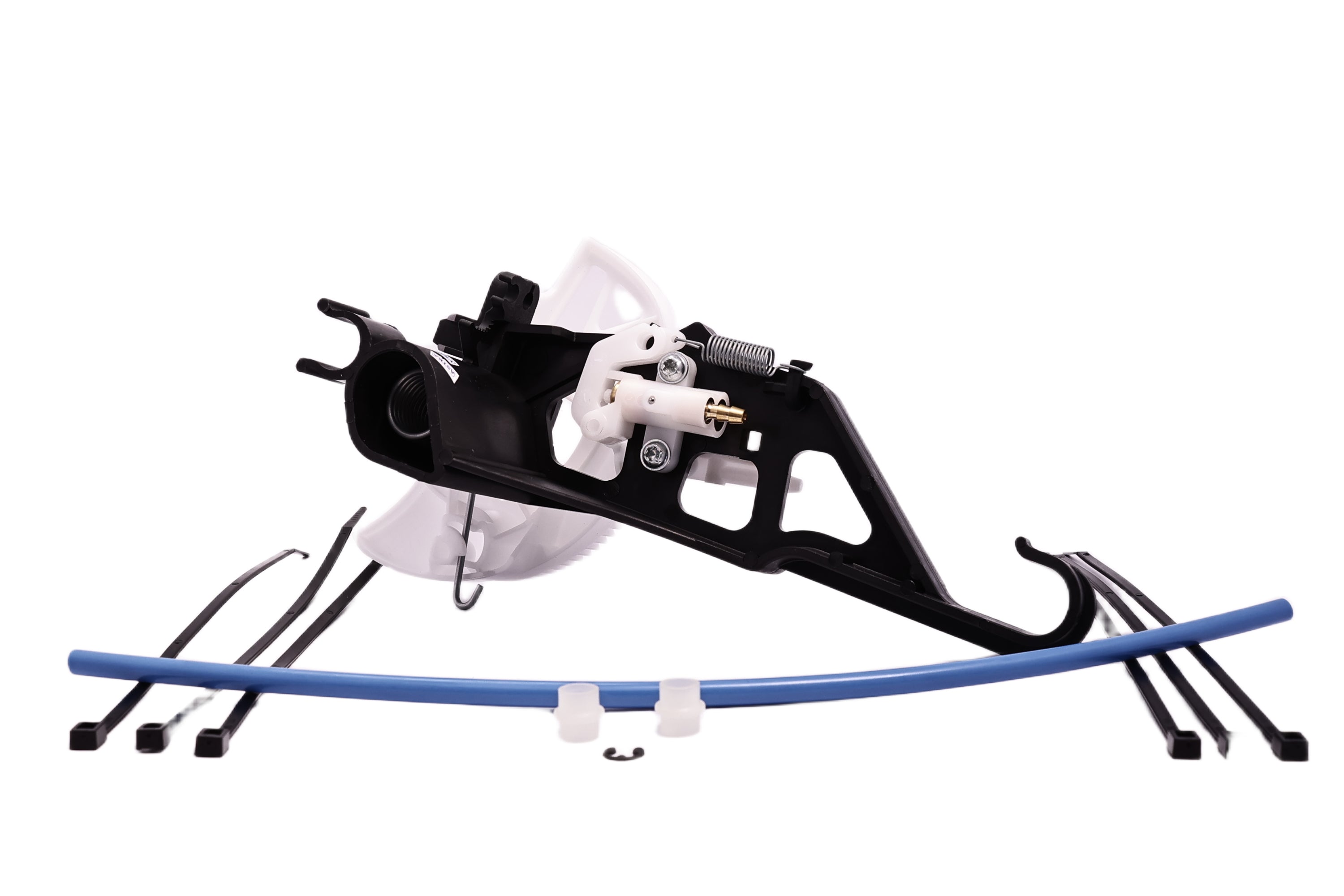 Válvula pneumática Confort com estrutura metálica e mangueiras de ar azul, vista lateral.