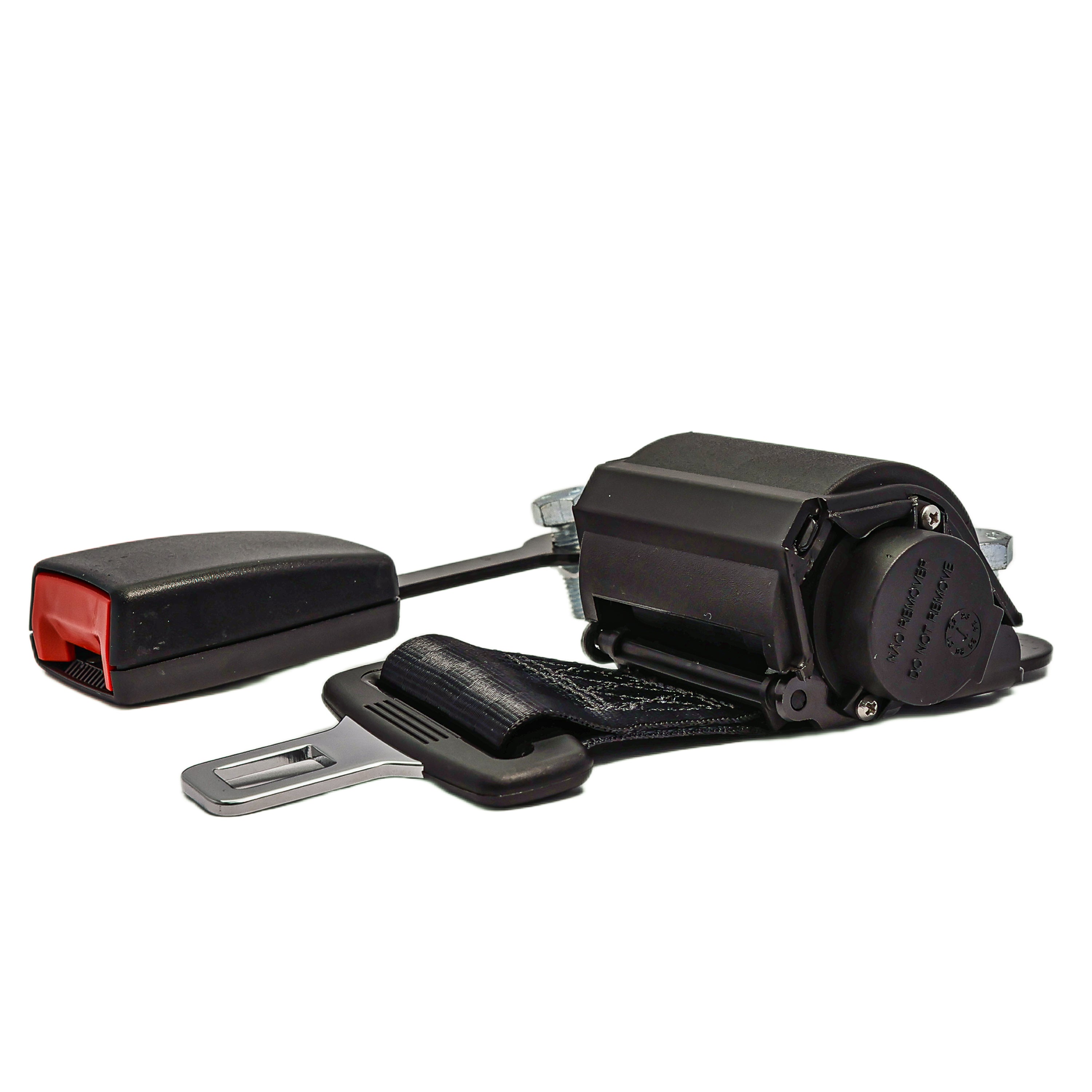 Cinto de segurança abdominal com sistema retrátil e trava de liberação rápida, visto lateralmente.