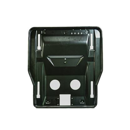 Bandeja metálica preta de alta resistência para assento NTS, com estrutura reforçada e furos de fixação visíveis.