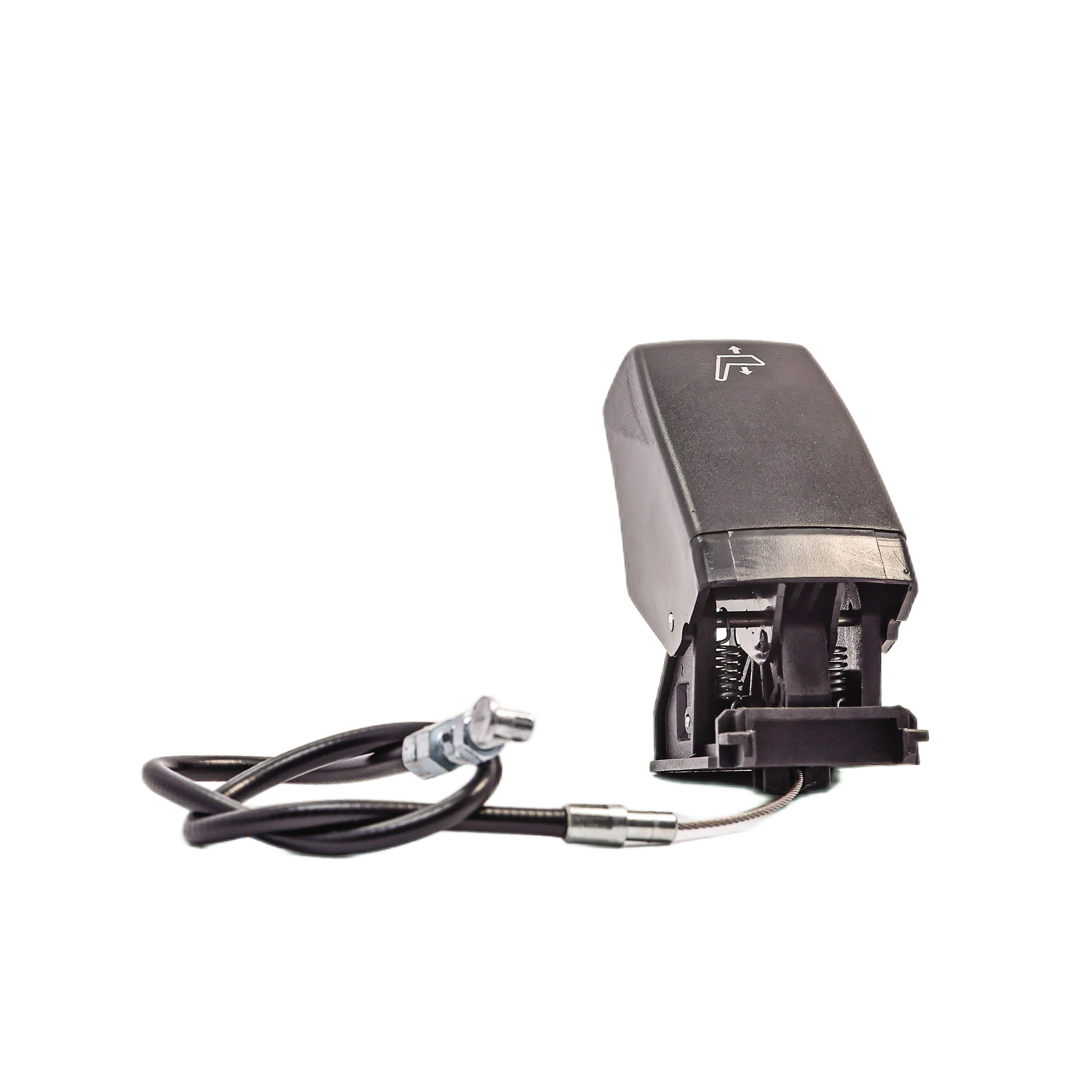 Vista frontal do conjunto tecla cabo acionamento assento Scania NTS Astra - componente original para controle de altura em bancos de caminhões modelos P, G e R.