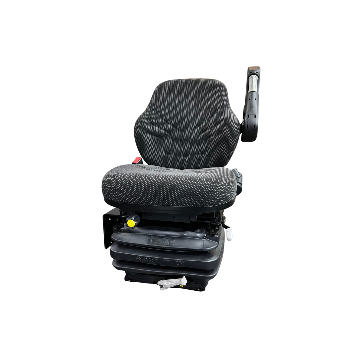 Banco original Grammer com suspensão hidráulica para trator, vista frontal com apoio de braço levantado