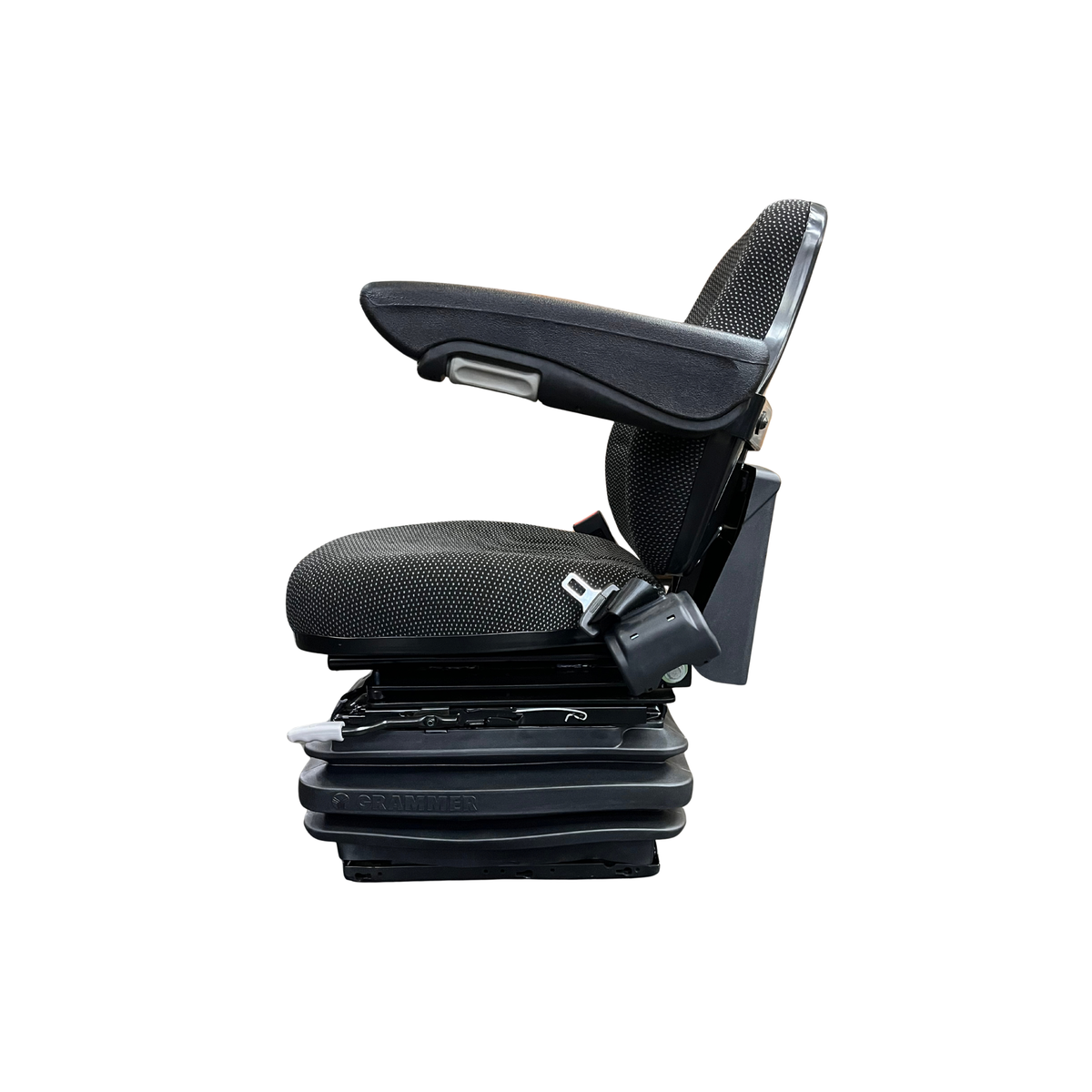 Banco original Grammer com suspensão hidráulica para trator, vista lateral direita