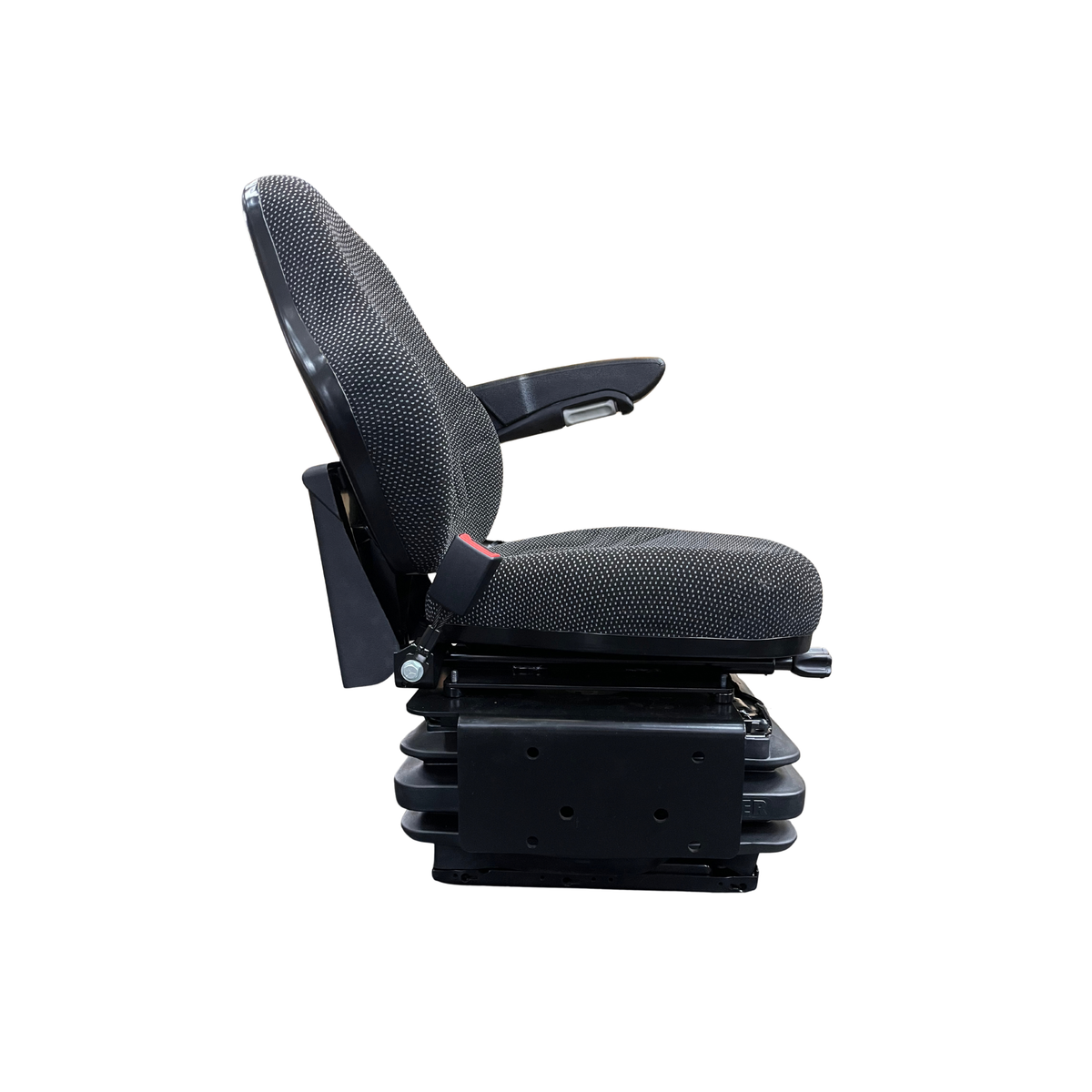 Banco original Grammer com suspensão hidráulica para trator, vista lateral esquerda