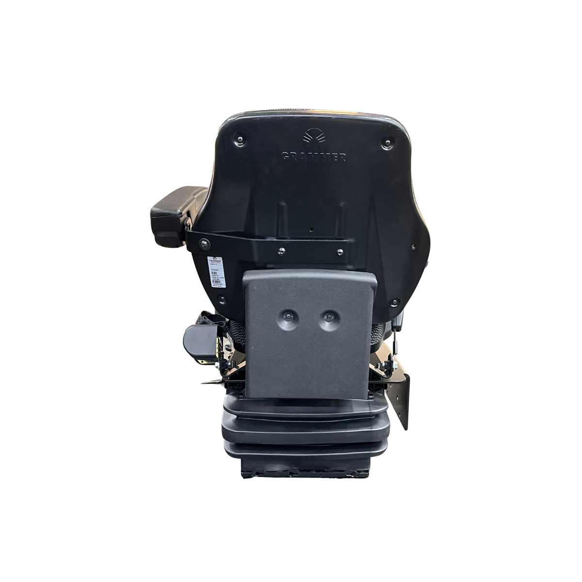 Banco original Grammer com suspensão hidráulica para trator, vista traseira com a marca Grammer no encosto