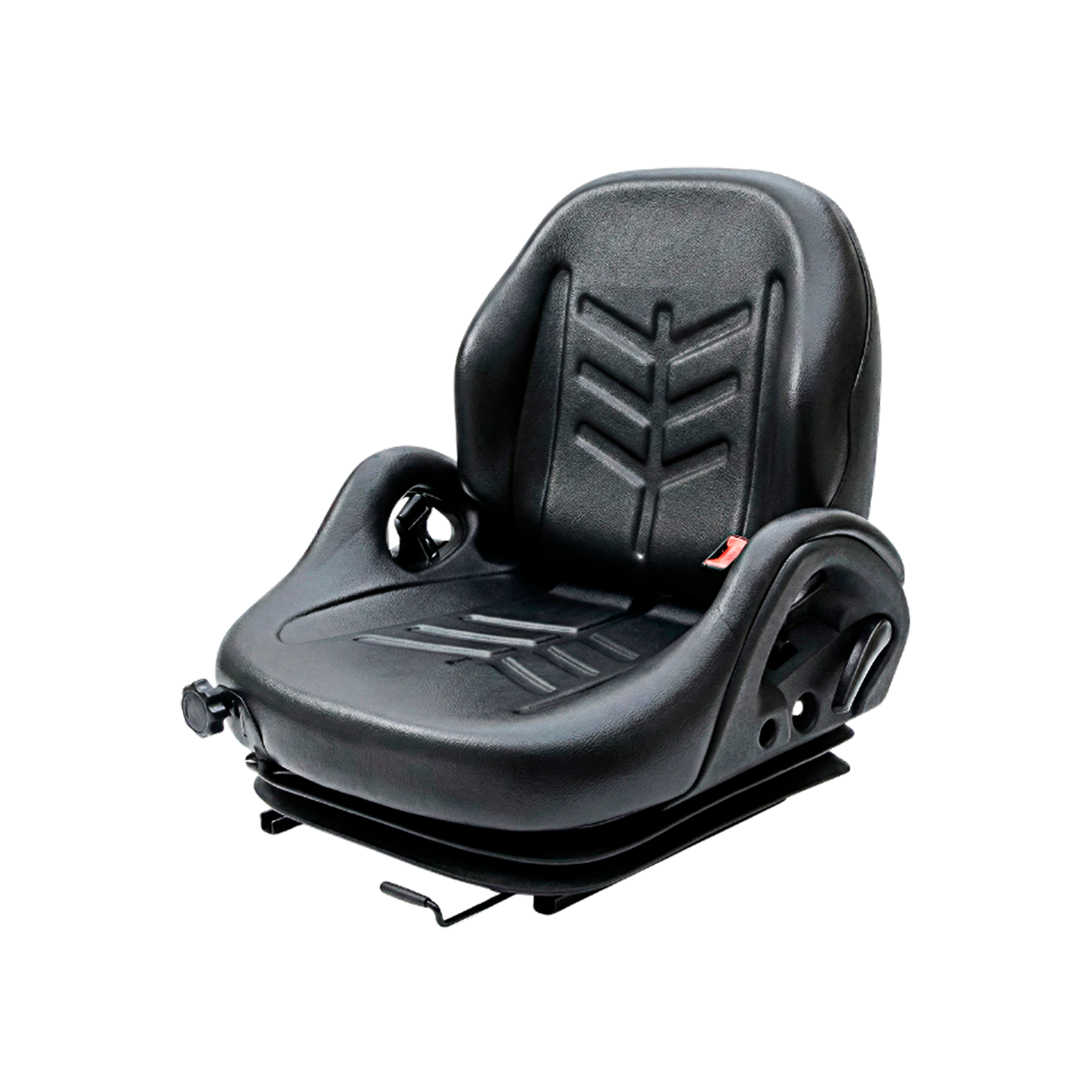 Assento para empilhadeira Astra Bancos modelo 2012, vista frontal em ângulo, revestimento em PVC industrial e base universal