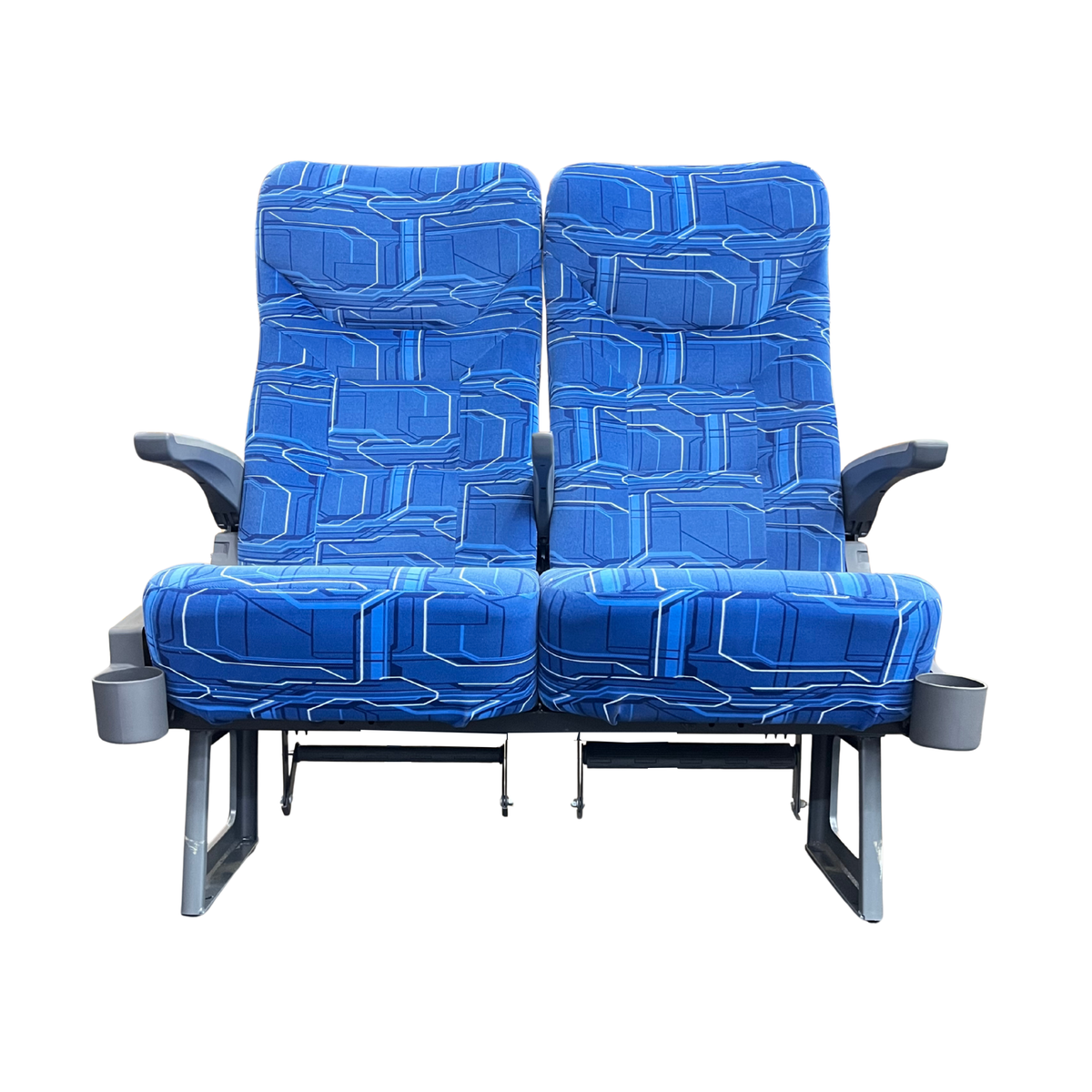 Banco de passageiro duplo para ônibus rodoviário em tecido azul, vista frontal