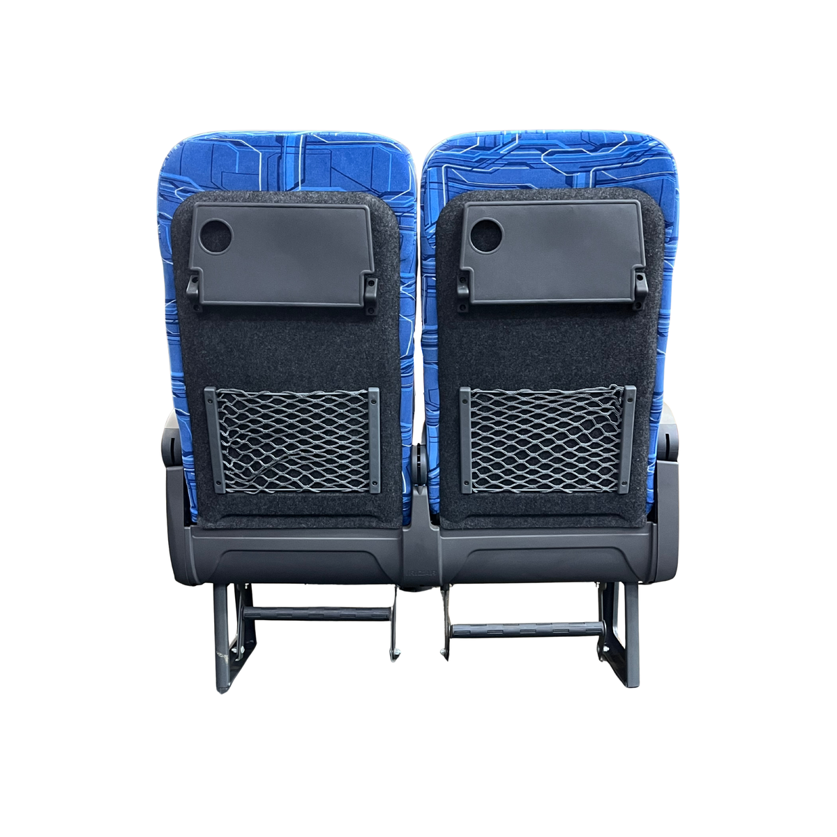 Banco de passageiro duplo para ônibus, vista traseira com mesa retrátil e bolsa de rede
