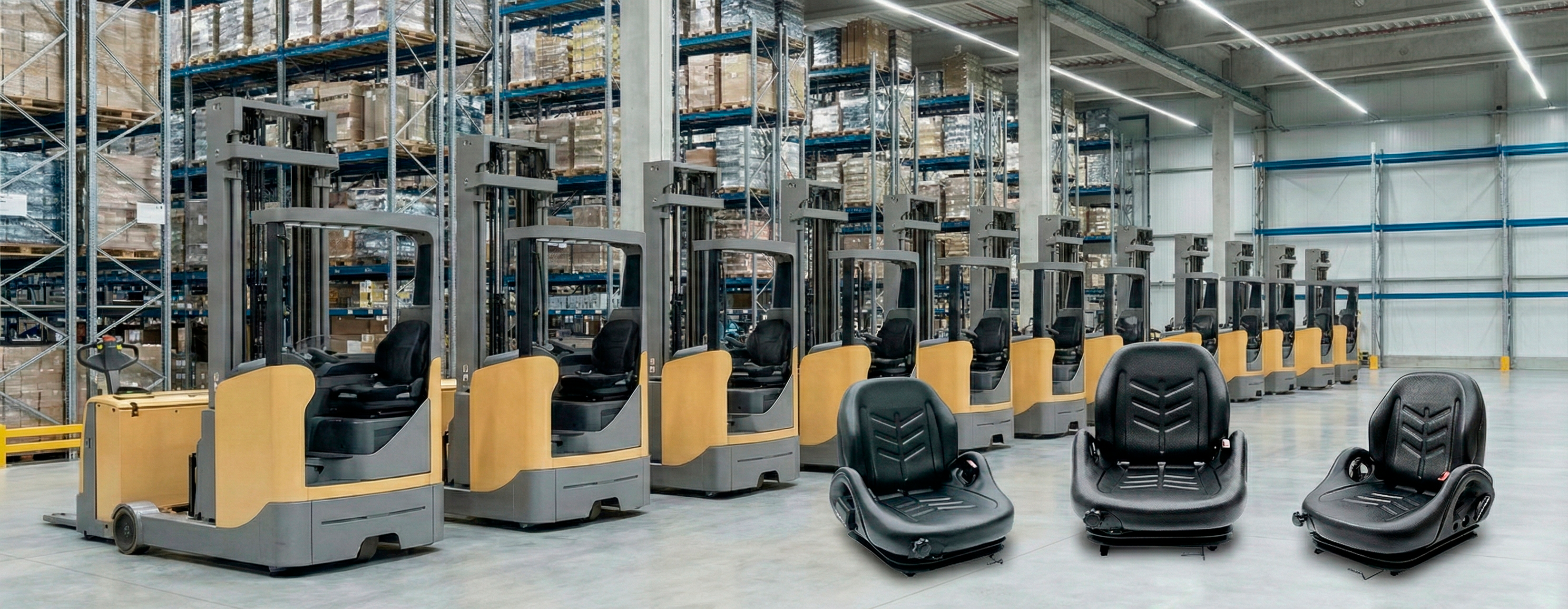 Bancos para empilhadeiras industriais com assentos ergonômicos para operadores