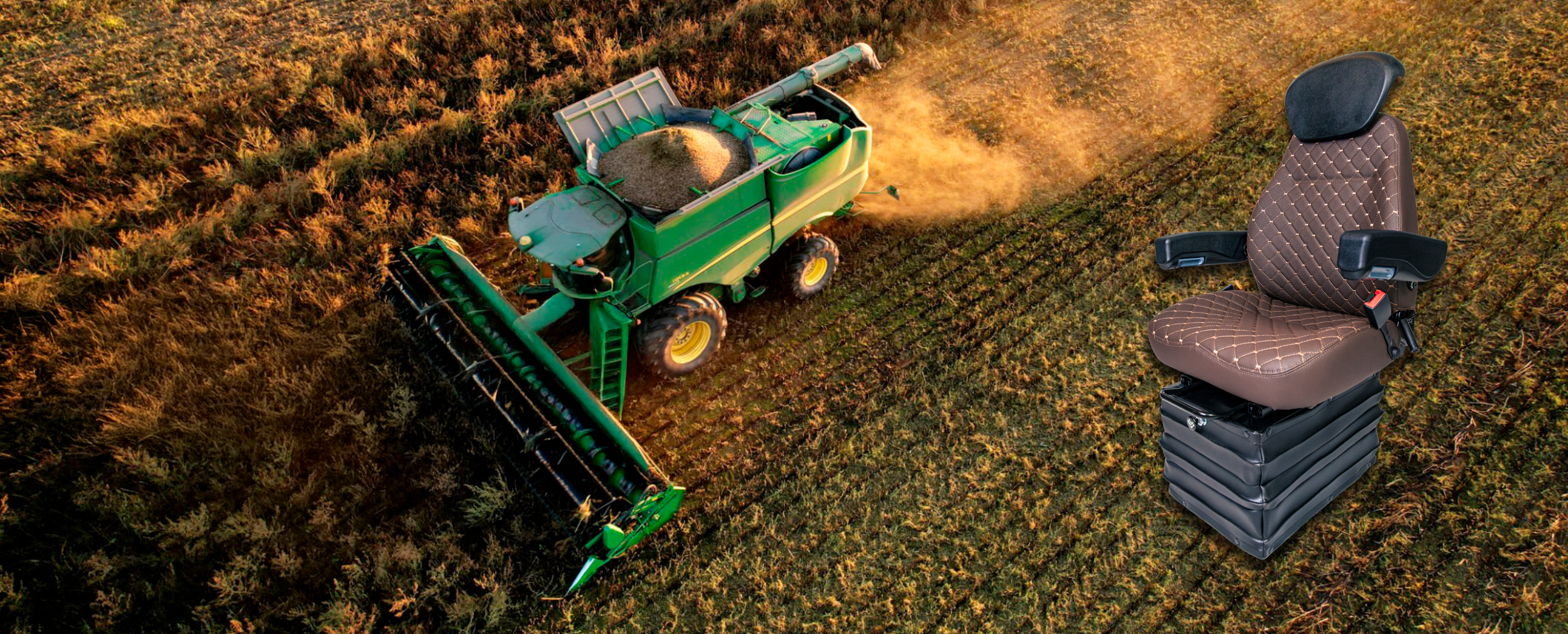 Banco 9515 marrom da Astra Bancos, modelo universal para máquinas agrícolas, ao lado de uma colheitadeira em campo.