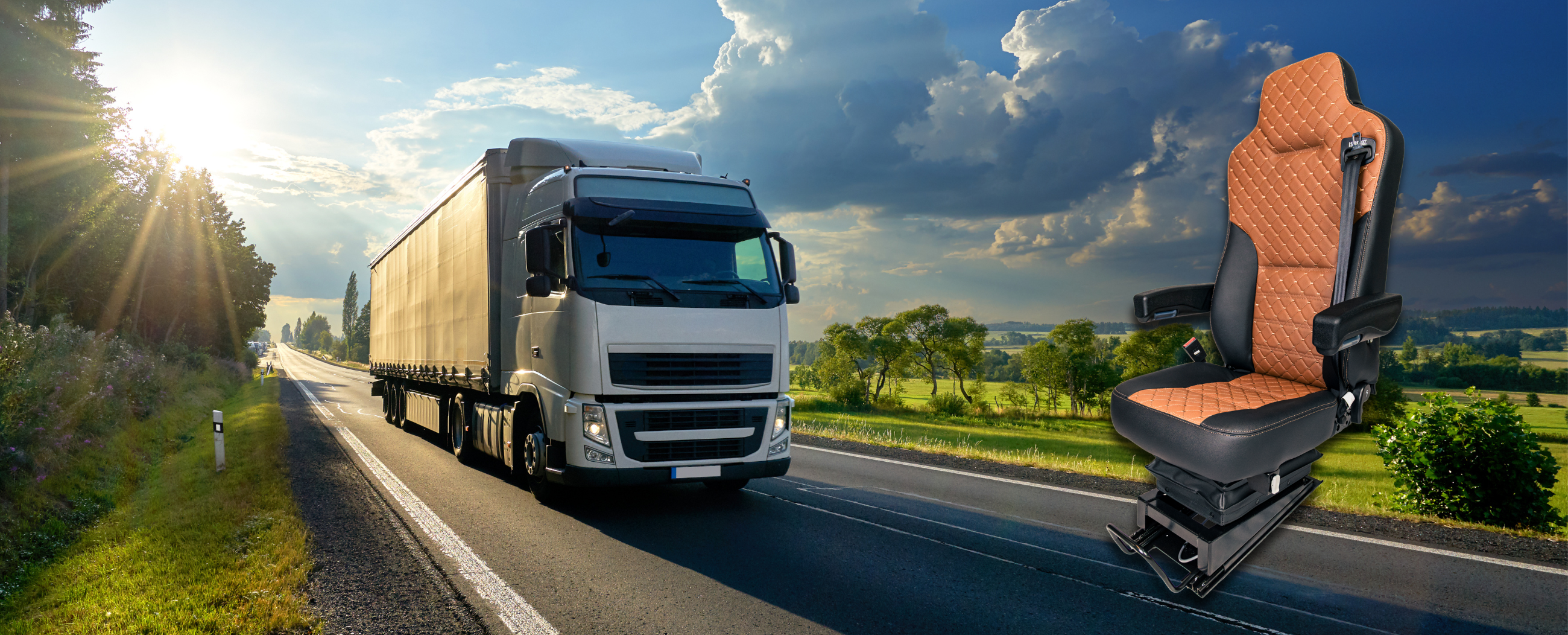 Banco 7800 universal para caminhões da Astra Bancos ao lado de um caminhão em estrada.