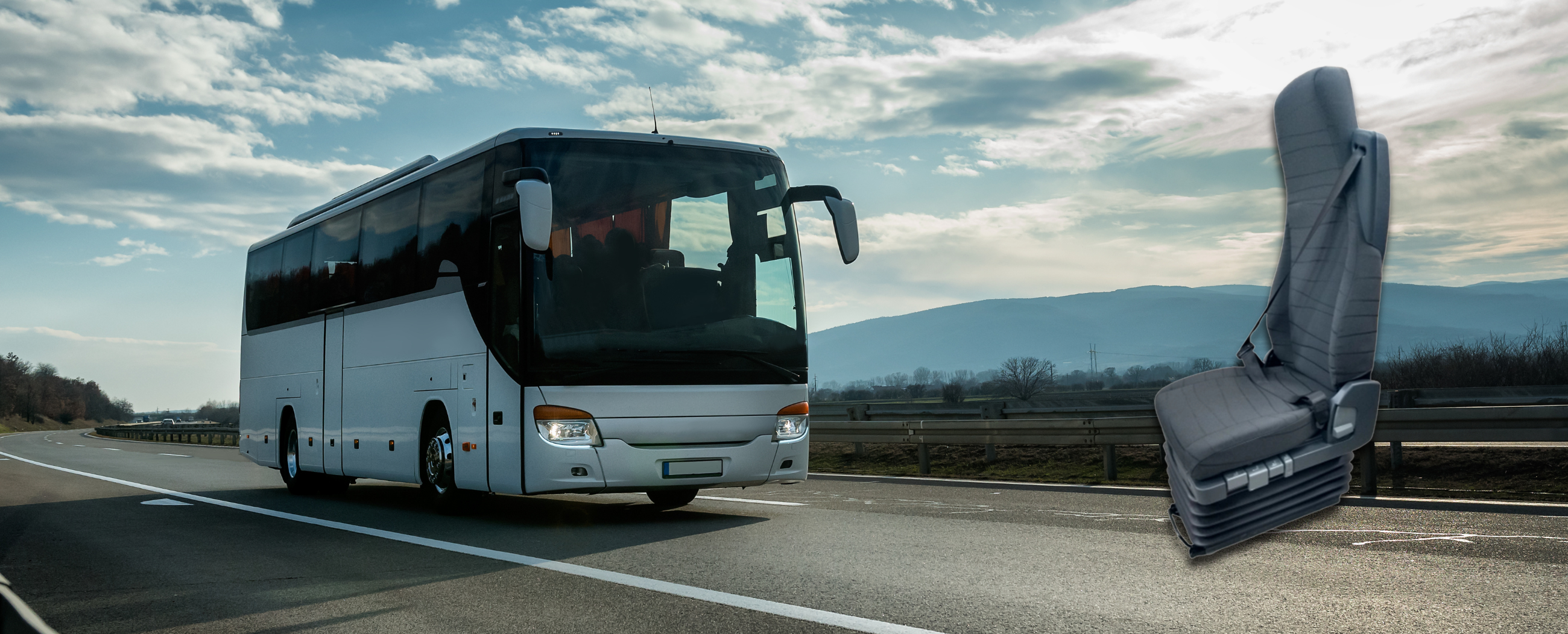Banco 6830-01 a ar com suspensão pneumática para ônibus rodoviário da Astra Bancos ao lado de um ônibus em estrada.