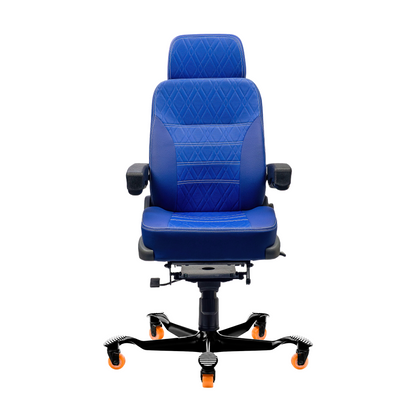 Cadeira 24 horas Confort Navigator 4002 azul, vista frontal com costura branca e rodízios em poliuretano