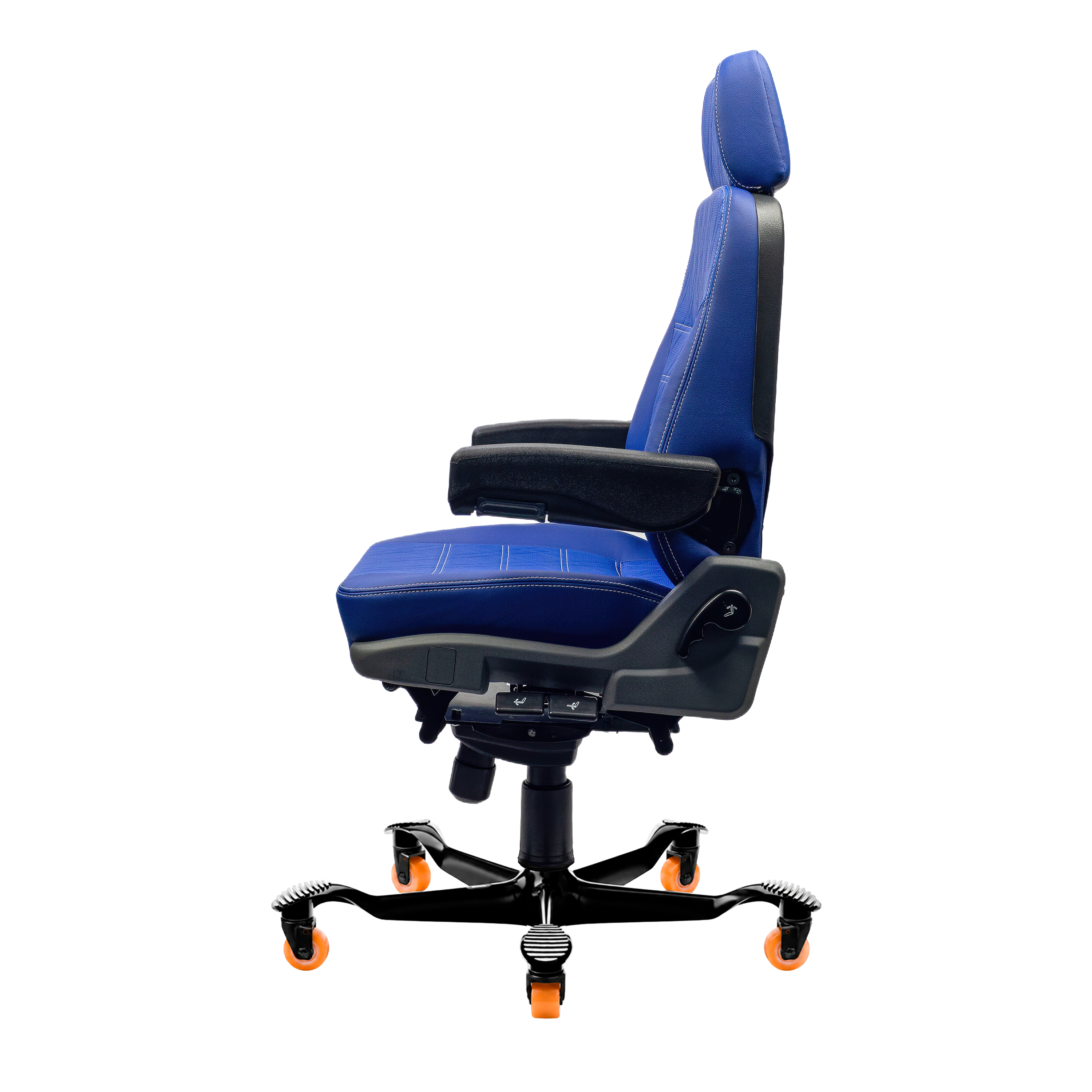 Perfil esquerdo da cadeira Confort Navigator 4002 azul com alavanca de inclinação do encosto