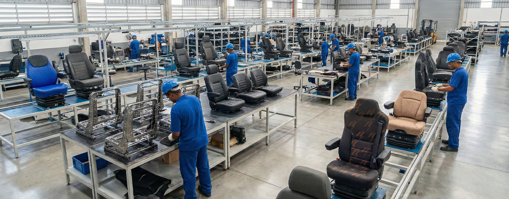 Linha de produção da Astra Bancos com diversos modelos de bancos e peças sendo montados por equipe técnica