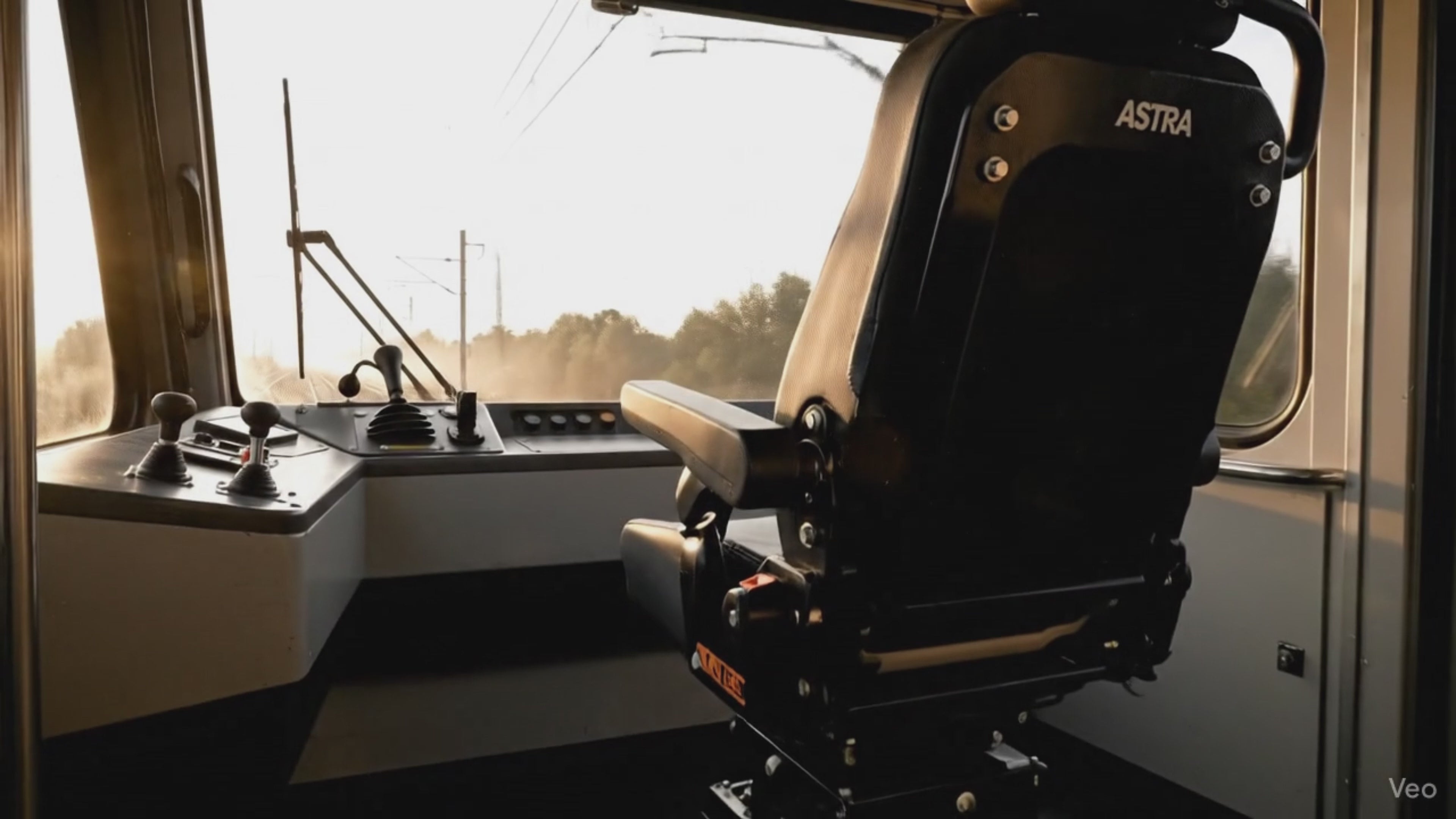 Carregar vídeo: Vídeo ultrarrealista de uma locomotiva Wabtec em movimento, com zoom para dentro da cabine revelando o banco metroferroviário Astra em preto, com estrutura reforçada e acabamento profissional.
