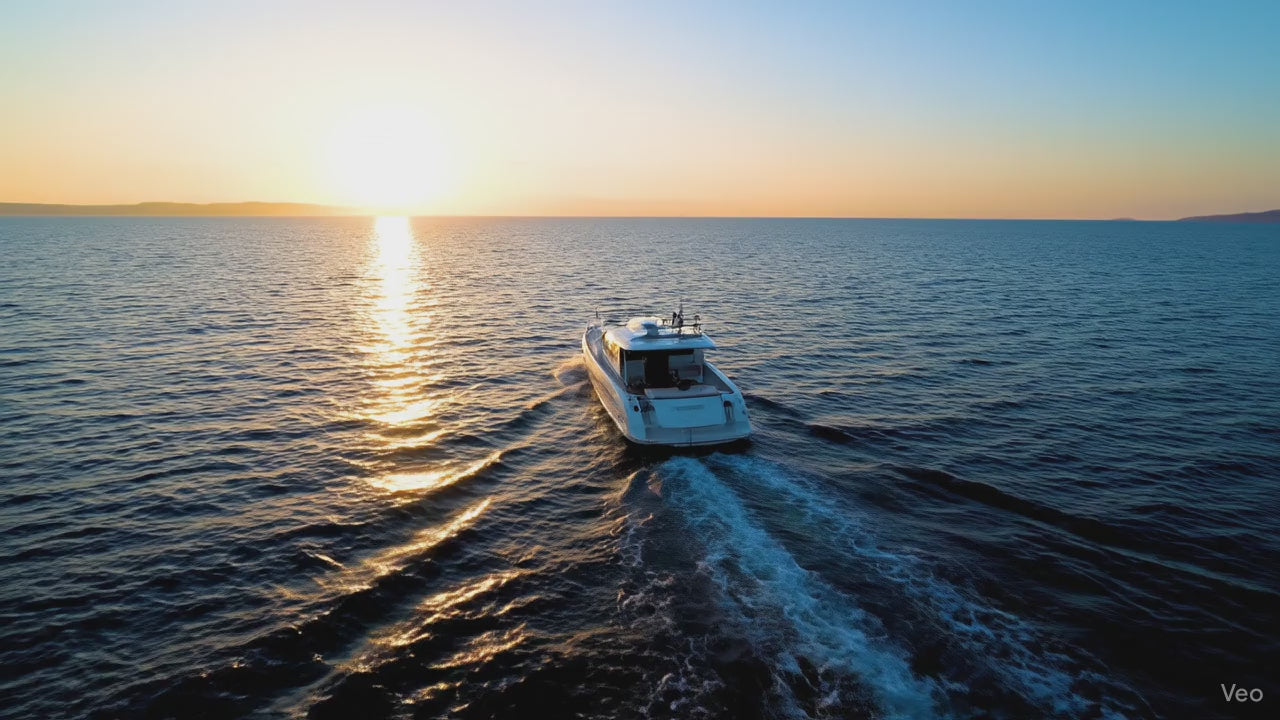 Carregar vídeo: Vídeo ultrarrealista de uma embarcação navegando no mar ao amanhecer, com a câmera entrando na cabine e mostrando um banco naval Astra em couro branco, com estrutura reforçada e acabamento profissional.