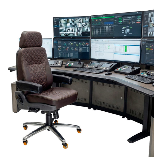 Cadeira operacional ergonômica da Astra em frente a uma mesa de controle com múltiplos monitores.