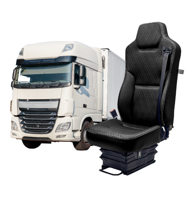 Caminhão branco ao lado de um banco ergonômico da Astra Bancos, representando os assentos desenvolvidos para o setor de caminhões.
