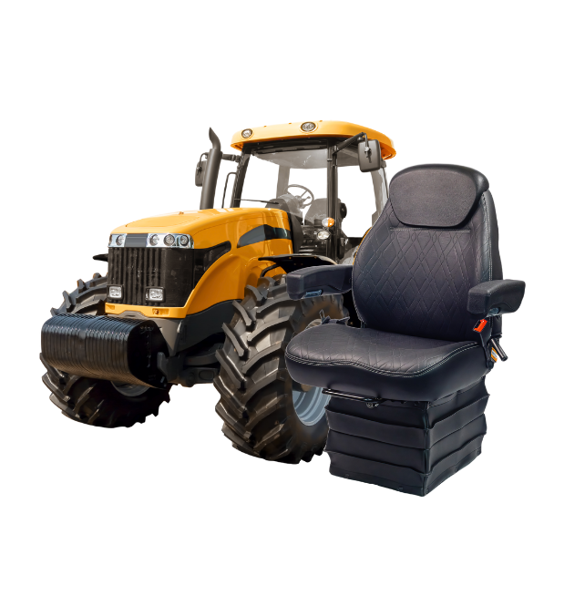 Trator agrícola ao lado de banco pneumático da Astra Bancos, representando o segmento de soluções para máquinas agrícolas.