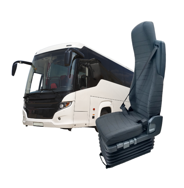 Ônibus rodoviário ao lado de banco pneumático da Astra Bancos, representando o segmento de soluções para ônibus.