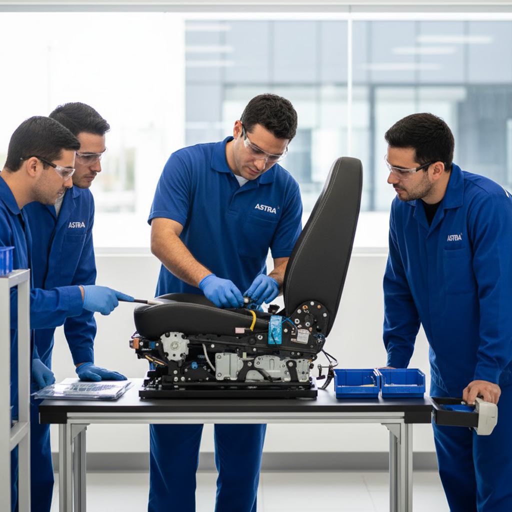 Equipe da Astra Bancos realizando treinamento profissional em montagem e manutenção de bancos, capacitando técnicos para garantir qualidade e segurança.