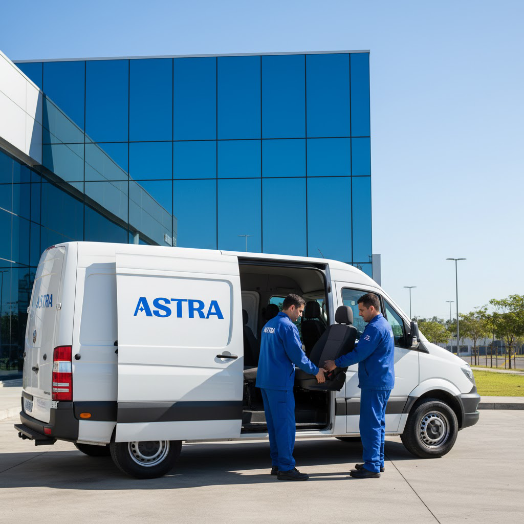 Técnicos da Astra Bancos realizando visita técnica para instalação e avaliação, garantindo segurança e suporte especializado ao cliente.